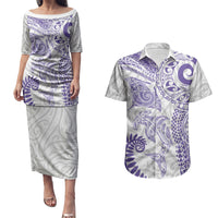 Aotearoa Maori Sea Animals Tribal Couples Matching Puletasi and Hawaiian Shirt Manta Ray and Shark Moko Pattern Purple Color LT03 Purple - Polynesian Pride