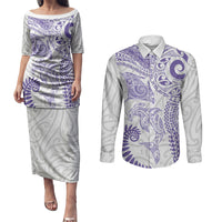 Aotearoa Maori Sea Animals Tribal Couples Matching Puletasi and Long Sleeve Button Shirt Manta Ray and Shark Moko Pattern Purple Color LT03 Purple - Polynesian Pride