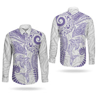 Aotearoa Maori Sea Animals Tribal Couples Matching Puletasi and Long Sleeve Button Shirt Manta Ray and Shark Moko Pattern Purple Color LT03 - Polynesian Pride