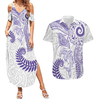 Aotearoa Maori Sea Animals Tribal Couples Matching Summer Maxi Dress and Hawaiian Shirt Manta Ray and Shark Moko Pattern Purple Color LT03 Purple - Polynesian Pride