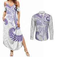 Aotearoa Maori Sea Animals Tribal Couples Matching Summer Maxi Dress and Long Sleeve Button Shirt Manta Ray and Shark Moko Pattern Purple Color LT03 Purple - Polynesian Pride