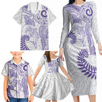 Aotearoa Maori Sea Animals Tribal Family Matching Long Sleeve Bodycon Dress and Hawaiian Shirt Manta Ray and Shark Moko Pattern Purple Color LT03 - Polynesian Pride