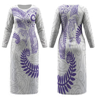Aotearoa Maori Sea Animals Tribal Family Matching Long Sleeve Bodycon Dress and Hawaiian Shirt Manta Ray and Shark Moko Pattern Purple Color LT03 Mom's Dress Purple - Polynesian Pride