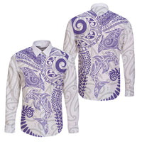 Aotearoa Maori Sea Animals Tribal Family Matching Long Sleeve Bodycon Dress and Hawaiian Shirt Manta Ray and Shark Moko Pattern Purple Color LT03 Dad's Shirt - Long Sleeve Purple - Polynesian Pride
