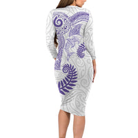 Aotearoa Maori Sea Animals Tribal Family Matching Long Sleeve Bodycon Dress and Hawaiian Shirt Manta Ray and Shark Moko Pattern Purple Color LT03 - Polynesian Pride