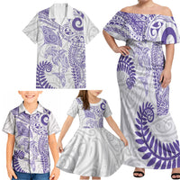 Aotearoa Maori Sea Animals Tribal Family Matching Off Shoulder Maxi Dress and Hawaiian Shirt Manta Ray and Shark Moko Pattern Purple Color LT03 - Polynesian Pride