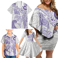 Aotearoa Maori Sea Animals Tribal Family Matching Off Shoulder Short Dress and Hawaiian Shirt Manta Ray and Shark Moko Pattern Purple Color LT03 - Polynesian Pride