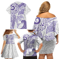 Aotearoa Maori Sea Animals Tribal Family Matching Off Shoulder Short Dress and Hawaiian Shirt Manta Ray and Shark Moko Pattern Purple Color LT03 Mom's Dress Purple - Polynesian Pride