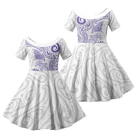 Aotearoa Maori Sea Animals Tribal Family Matching Off Shoulder Short Dress and Hawaiian Shirt Manta Ray and Shark Moko Pattern Purple Color LT03 Daughter's Dress Purple - Polynesian Pride