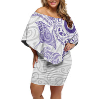 Aotearoa Maori Sea Animals Tribal Family Matching Off Shoulder Short Dress and Hawaiian Shirt Manta Ray and Shark Moko Pattern Purple Color LT03 Mom's Dress Purple - Polynesian Pride