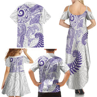 Aotearoa Maori Sea Animals Tribal Family Matching Summer Maxi Dress and Hawaiian Shirt Manta Ray and Shark Moko Pattern Purple Color LT03 Mom's Dress Purple - Polynesian Pride