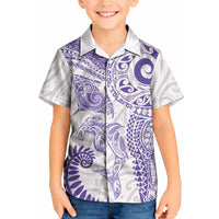 Aotearoa Maori Sea Animals Tribal Kid Hawaiian Shirt Manta Ray and Shark Moko Pattern Purple Color LT03 Kid Purple - Polynesian Pride