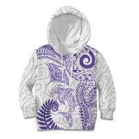 Aotearoa Maori Sea Animals Tribal Kid Hoodie Manta Ray and Shark Moko Pattern Purple Color