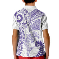 Aotearoa Maori Sea Animals Tribal Kid Polo Shirt Manta Ray and Shark Moko Pattern Purple Color