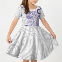 Aotearoa Maori Sea Animals Tribal Kid Short Sleeve Dress Manta Ray and Shark Moko Pattern Purple Color LT03 KID Purple - Polynesian Pride