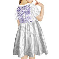 Aotearoa Maori Sea Animals Tribal Kid Short Sleeve Dress Manta Ray and Shark Moko Pattern Purple Color LT03 - Polynesian Pride