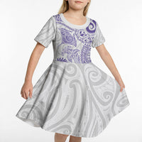 Aotearoa Maori Sea Animals Tribal Kid Short Sleeve Dress Manta Ray and Shark Moko Pattern Purple Color LT03 - Polynesian Pride