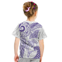 Aotearoa Maori Sea Animals Tribal Kid T Shirt Manta Ray and Shark Moko Pattern Purple Color