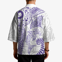Aotearoa Maori Sea Animals Tribal Kimono Manta Ray and Shark Moko Pattern Purple Color