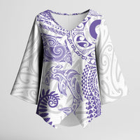 Aotearoa Maori Sea Animals Tribal Kimono Sleeve Blouse Manta Ray and Shark Moko Pattern Purple Color
