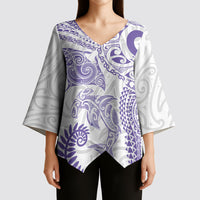 Aotearoa Maori Sea Animals Tribal Kimono Sleeve Blouse Manta Ray and Shark Moko Pattern Purple Color
