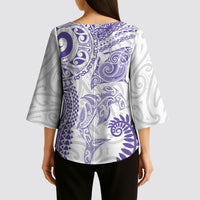 Aotearoa Maori Sea Animals Tribal Kimono Sleeve Blouse Manta Ray and Shark Moko Pattern Purple Color