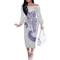 Aotearoa Maori Sea Animals Tribal Off The Shoulder Long Sleeve Dress Manta Ray and Shark Moko Pattern Purple Color LT03 Women Purple - Polynesian Pride