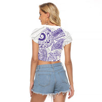 Aotearoa Maori Sea Animals Tribal Raglan Cropped T Shirt Manta Ray and Shark Moko Pattern Purple Color