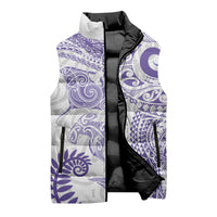 Aotearoa Maori Sea Animals Tribal Sleeveless Puffer Jacket Manta Ray and Shark Moko Pattern Purple Color