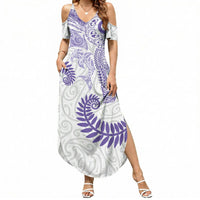 Aotearoa Maori Sea Animals Tribal Summer Maxi Dress Manta Ray and Shark Moko Pattern Purple Color LT03 Women Purple - Polynesian Pride