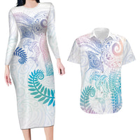 Aotearoa Maori Sea Animals Tribal Couples Matching Long Sleeve Bodycon Dress and Hawaiian Shirt Manta Ray and Shark Moko Pattern Sweet Pastel LT03 Multicolor - Polynesian Pride
