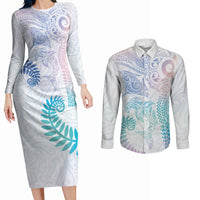 Aotearoa Maori Sea Animals Tribal Couples Matching Long Sleeve Bodycon Dress and Long Sleeve Button Shirt Manta Ray and Shark Moko Pattern Sweet Pastel LT03 Multicolor - Polynesian Pride