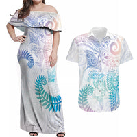 Aotearoa Maori Sea Animals Tribal Couples Matching Off Shoulder Maxi Dress and Hawaiian Shirt Manta Ray and Shark Moko Pattern Sweet Pastel LT03 Multicolor - Polynesian Pride