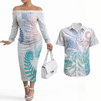 Aotearoa Maori Sea Animals Tribal Couples Matching Off The Shoulder Long Sleeve Dress and Hawaiian Shirt Manta Ray and Shark Moko Pattern Sweet Pastel LT03 Multicolor - Polynesian Pride