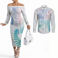 Aotearoa Maori Sea Animals Tribal Couples Matching Off The Shoulder Long Sleeve Dress and Long Sleeve Button Shirt Manta Ray and Shark Moko Pattern Sweet Pastel LT03 Multicolor - Polynesian Pride