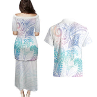 Aotearoa Maori Sea Animals Tribal Couples Matching Puletasi and Hawaiian Shirt Manta Ray and Shark Moko Pattern Sweet Pastel LT03 - Polynesian Pride