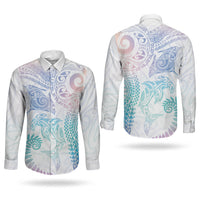 Aotearoa Maori Sea Animals Tribal Couples Matching Puletasi and Long Sleeve Button Shirt Manta Ray and Shark Moko Pattern Sweet Pastel LT03 - Polynesian Pride