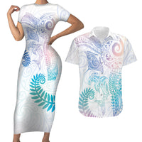 Aotearoa Maori Sea Animals Tribal Couples Matching Short Sleeve Bodycon Dress and Hawaiian Shirt Manta Ray and Shark Moko Pattern Sweet Pastel LT03 Multicolor - Polynesian Pride