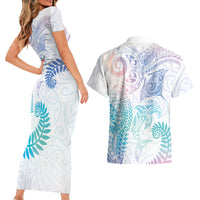Aotearoa Maori Sea Animals Tribal Couples Matching Short Sleeve Bodycon Dress and Hawaiian Shirt Manta Ray and Shark Moko Pattern Sweet Pastel LT03 - Polynesian Pride