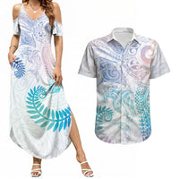 Aotearoa Maori Sea Animals Tribal Couples Matching Summer Maxi Dress and Hawaiian Shirt Manta Ray and Shark Moko Pattern Sweet Pastel LT03 Multicolor - Polynesian Pride