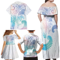 Aotearoa Maori Sea Animals Tribal Family Matching Off Shoulder Maxi Dress and Hawaiian Shirt Manta Ray and Shark Moko Pattern Sweet Pastel LT03 - Polynesian Pride