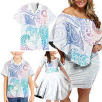 Aotearoa Maori Sea Animals Tribal Family Matching Off Shoulder Short Dress and Hawaiian Shirt Manta Ray and Shark Moko Pattern Sweet Pastel LT03 - Polynesian Pride