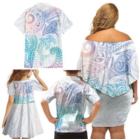 Aotearoa Maori Sea Animals Tribal Family Matching Off Shoulder Short Dress and Hawaiian Shirt Manta Ray and Shark Moko Pattern Sweet Pastel LT03 Mom's Dress Multicolor - Polynesian Pride