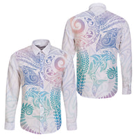 Aotearoa Maori Sea Animals Tribal Family Matching Summer Maxi Dress and Hawaiian Shirt Manta Ray and Shark Moko Pattern Sweet Pastel LT03 Dad's Shirt - Long Sleeve Multicolor - Polynesian Pride