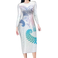 Aotearoa Maori Sea Animals Tribal Long Sleeve Bodycon Dress Manta Ray and Shark Moko Pattern Sweet Pastel LT03 Long Dress Multicolor - Polynesian Pride