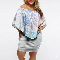 Aotearoa Maori Sea Animals Tribal Off Shoulder Short Dress Manta Ray and Shark Moko Pattern Sweet Pastel LT03 Women Multicolor - Polynesian Pride