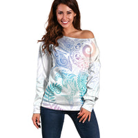 Aotearoa Maori Sea Animals Tribal Off Shoulder Sweater Manta Ray and Shark Moko Pattern Sweet Pastel LT03 Women Multicolor - Polynesian Pride