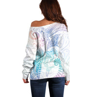 Aotearoa Maori Sea Animals Tribal Off Shoulder Sweater Manta Ray and Shark Moko Pattern Sweet Pastel LT03 - Polynesian Pride