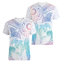 Aotearoa Maori Sea Animals Tribal Women V-Neck T-Shirt Manta Ray and Shark Moko Pattern Sweet Pastel LT03 - Polynesian Pride