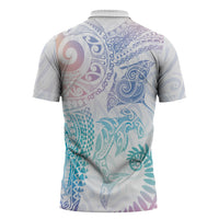 Aotearoa Maori Sea Animals Tribal Zipper Polo Shirt Manta Ray and Shark Moko Pattern Sweet Pastel